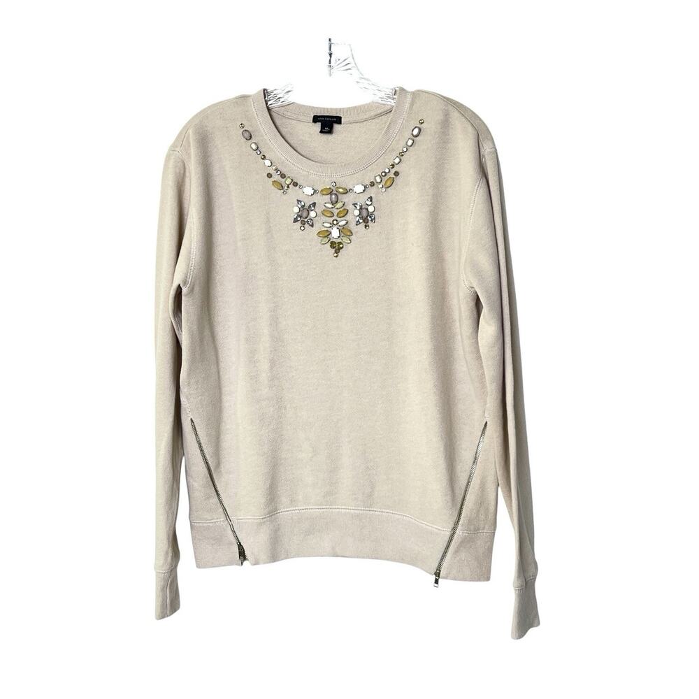 Ann Taylor Sweater Size Medium Pullover Beaded Neck Sweatshirt Zip Accents Soft